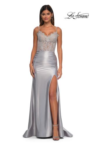 Picture of: Ruched Satin Evening Dress with Sheer Lace Top and Scallop Neckline in Silver, Style: 32689, Detail Picture 7