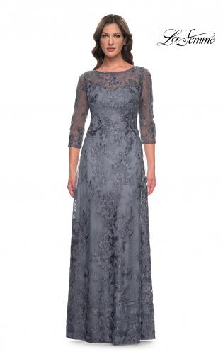Picture of: Lace Mother of the Bride Dress with Illusion Neckline and Sleeves in Slate Blue, Style: 30060, Main Picture