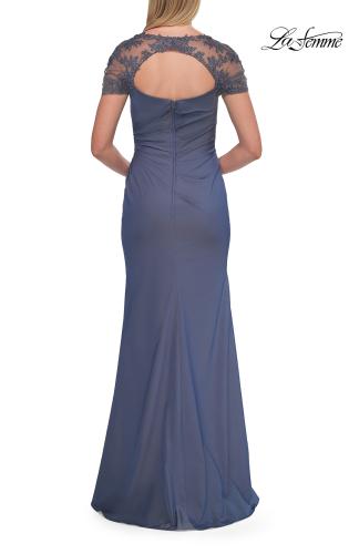 Picture of: Embroidered Lace Sleeve Gown with Keyhole Back in Slate Blue, Style: 33579, Detail Picture 2