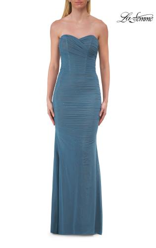 Picture of: Strapless Ruched Jersey Gown with Lace Lining in Slate Blue, Style: 33601, Detail Picture 11