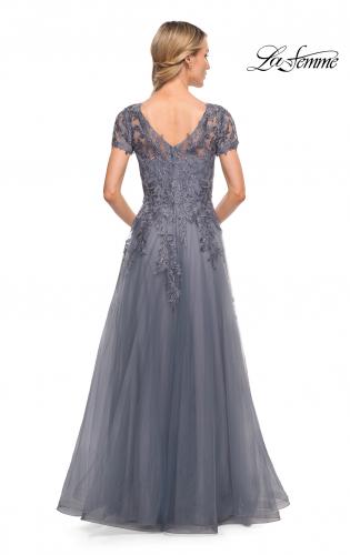 Picture of: Lace and Tulle A-line Evening Gown with Cap Sleeve in Blue, Style: 29164, Back Picture