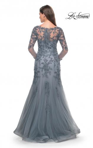 Picture of: Lace and Tulle A-Line Gown with Long Sleeves in Slate, Style: 31887, Back Picture