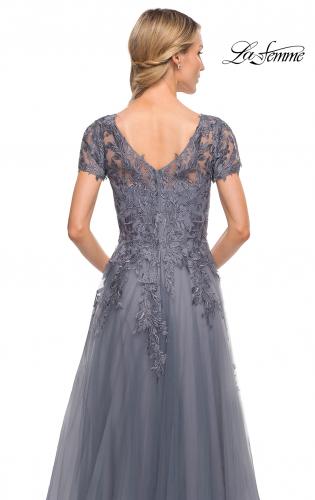 Picture of: Lace and Tulle A-line Evening Gown with Cap Sleeve in Blue, Style: 29164, Detail Picture 3