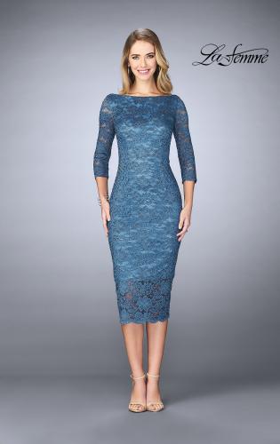 Picture of: Mid-Length Dress with Sleeves and Closed Back in Slate Blue, Style: 24875, Main Picture