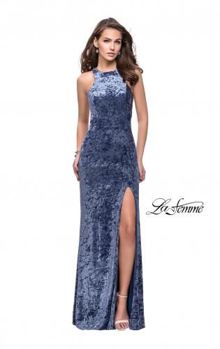 Picture of: Crushed Velvet Prom Dress with High Neckline and Leg Slit in Slate Blue, Style: 25734, Detail Picture 3