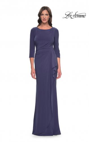 Picture of: Chic Jersey Evening Dress with Ruchign and Ruffle Skirt Detail in Smoky Blue, Style: 30814, Main Picture