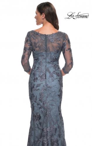Picture of: Long Fitted Lace Dress with V Neckline and Sheer Sleeves in Smoky Blue, Style: 30130, Detail Picture 4