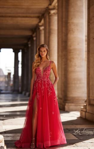 Picture of: Beautiful Lace Embellished A-Line Tulle Prom Dress with Deep V in Strawberry, Style: 32062, Detail Picture 2