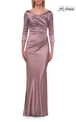 Picture of: Satin Three Quarter Sleeve Draped Evening Gown in Taupe, Style: 33408, Detail Picture 9