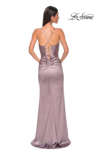 Picture of: Fitted Simple Satin Prom Dress with Lace Up Back in Taupe , Style 33010, Back Picture