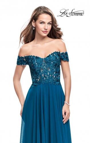 Picture of: Beaded Lace Off the Shoulder Prom Dress in Teal, Style: 26070, Main Picture