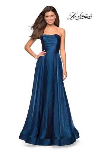 Picture of: Strapless Satin Gown with Ruching and Pockets in Teal, Style: 27130, Main Picture