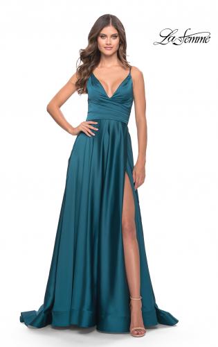 Picture of: A-Line Satin Gown with Ruched Bodice and V Neck in Teal, Style: 31505, Main Picture