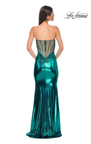 Picture of: Pretty Metallic Jersey Ruched Dress with Sweetheart Neckline in Teal , Style 32806, Detail Picture 8