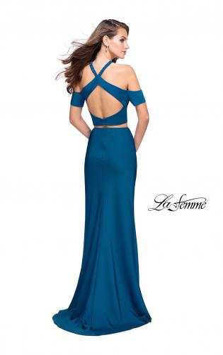 Picture of: Two Piece Long Prom Dress with Beaded Halter Top in Teal, Style: 25846, Back Picture