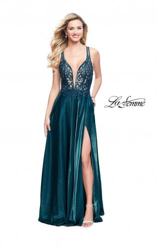 Picture of: Two Tone A-line Gown with Lace Bodice and Leg Slit in Teal, Style: 25907, Detail Picture 2