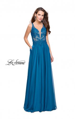 Picture of: Chiffon A-line Dress with Beaded Lace Bodice Teal, Style: 26082, Detail Picture 3