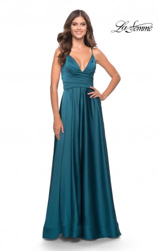 Picture of: A-Line Satin Gown with Ruched Bodice and V Neck in Teal, Style: 31505, Detail Picture 5