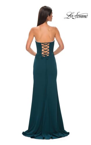 Picture of: Jersey Strapless Dress with Sweetheart Rhinestone Lined Neckline in Teal , Style 32829, Detail Picture 6
