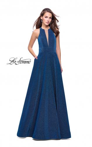 Picture of: Long Sparkling Prom Dress with High Neck and Cut Outs in Turquoise, Style: 26073, Detail Picture 2