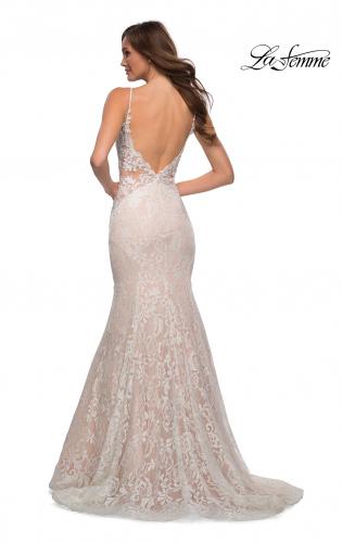 Picture of: Long Mermaid Lace Dress with Back Rhinestone Detail in White Blush, Style: 28355, Detail Picture 20