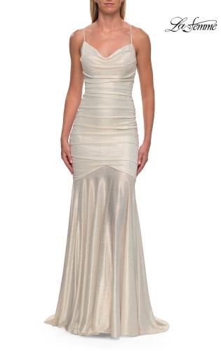 Picture of: Metallic Jersey Mermaid Gown with Draped Cowl Neckline and Lace-Up Back in White Gold, Style: 33412, Detail Picture 7
