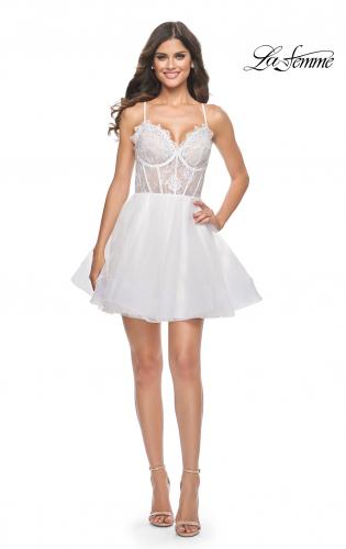 Picture of: Short Dress with Flared Skirt and Sheer Lace Bodice in White, Style: 31769, Detail Picture 12