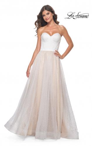 Picture of: Pearl Tulle A-Line with Strapless Satin Bustier Top in White Nude, Style: 32149, Main Picture