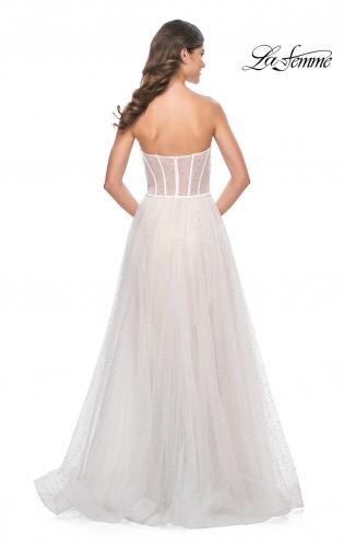 Picture of: Pearl Tulle A-Line with Strapless Satin Bustier Top in White Nude, Style: 32149, Back Picture