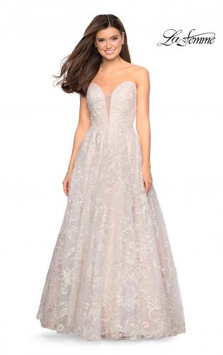 Picture of: Strapless A-Line Embroidered Prom Dress in White/Nude, Style: 27640, Detail Picture 3