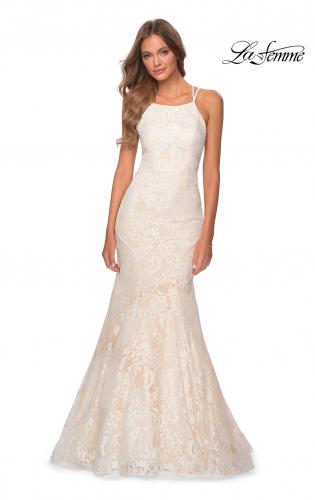 Picture of: Lace Prom Dress with Rhinestones and Strappy Back in White Nude, Style 28140, Detail Picture 5