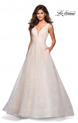 Picture of: Sequin Print Ball Gown with Deep V and Pockets in White, Style: 27323, Main Picture