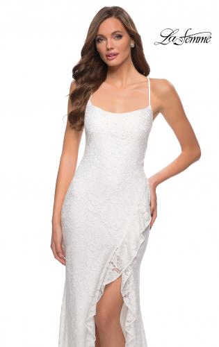 Picture of: Stretch Lace Dress with Ruffle Skirt Detail and Slit in White, Style 29650, Detail Picture 8