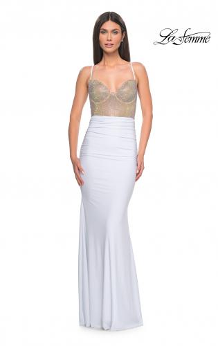 Picture of: Prom Dress with Fitted Bustier Rhinestone Top in White, Style: 32260, Detail Picture 8