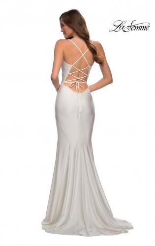 Picture of: Form Fitting Jersey Prom Dress with Draped Neckline in White, Style: 28518, Detail Picture 10