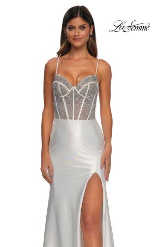 Picture of: Rhinestone Corset Prom Dress with Stretch Satin Skirt in White, Style: 32691, Detail Picture 10