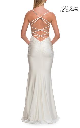 Picture of: Ruched Jersey Gown with Crisscross Open Back in White, Style: 33723, Detail Picture 16