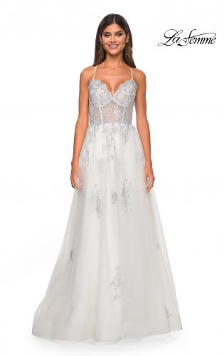 Picture of: A-Line Tulle Gown with Scallop Detail Bodice and Lace Applique in White, Style: 32028, Detail Picture 18