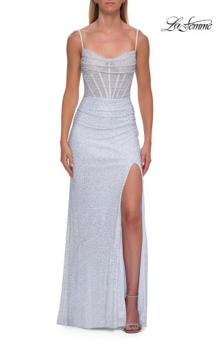 Picture of: Rhinestone Fitted Gown with Draped Bodice and Sheer Corset Back in White, Style: 33343, Detail Picture 21