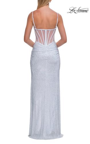 Picture of: Rhinestone Fitted Gown with Draped Bodice and Sheer Corset Back in White, Style: 33343, Detail Picture 22