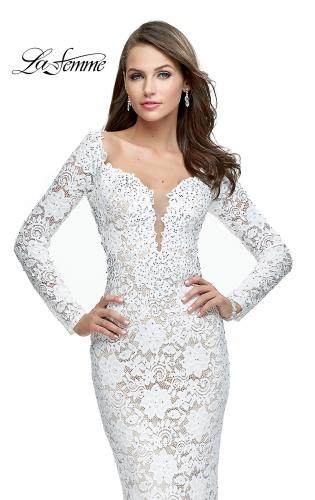 Picture of: Long Sleeve Lace Mermaid Prom Dress with Metallic Beads in White, Style: 25607, Detail Picture 1