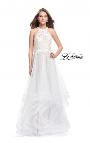 Picture of: Long Prom Ball Gown with Tulle Overlay and Beaded Top in White, Style: 25671, Detail Picture 1