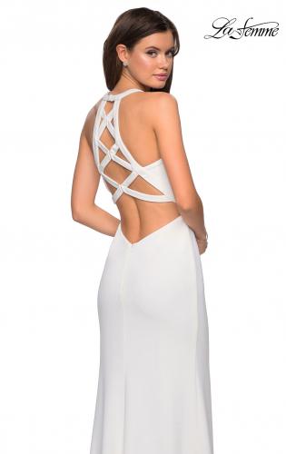 Picture of: Plunging Neckline Gown with Intricate Cut Out Back in White, Style: 26997, Detail Picture 1