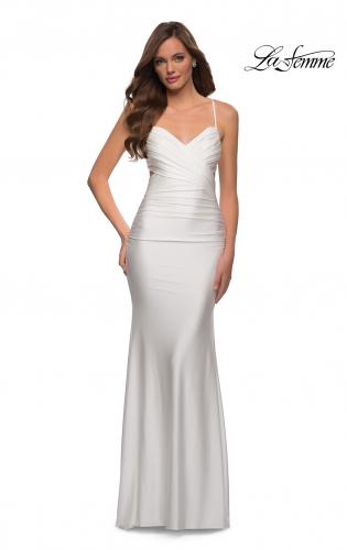 Picture of: Criss Cross Ruched Bodice Jersey Long Dress in White, Style 29606, Detail Picture 2