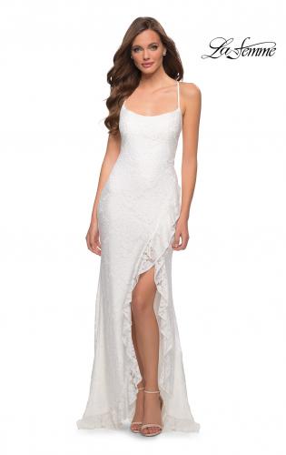Picture of: Stretch Lace Dress with Ruffle Skirt Detail and Slit in White, Style 29650, Detail Picture 2