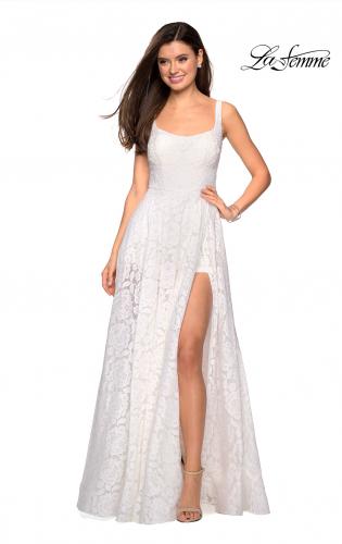 Picture of: Long Lace Prom Dress with Attached Shorts in White, Style: 27476, Detail Picture 3