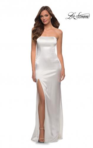 Picture of: Simply Chic Strapless Stretch Satin Long Gown in White, Style 29807, Detail Picture 3