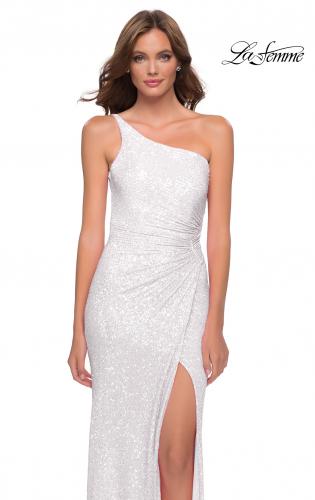 Picture of: Sequin Gown with One Shoulder Top and Open Back in White, Style 29962, Detail Picture 3