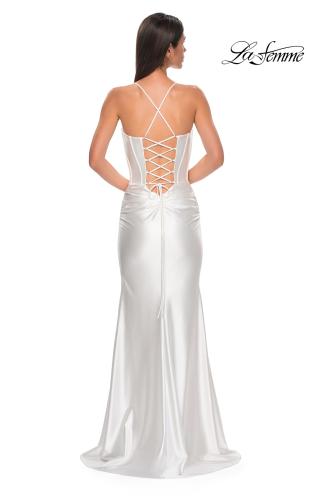 Picture of: Unique Stretch Satin Gown with Corset Bodice and Open Back in White , Style 32683, Detail Picture 3