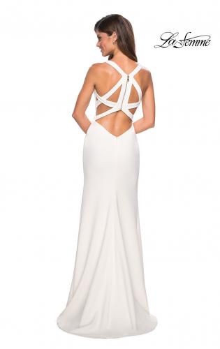 Picture of: Long Jersey Prom Dress With Exposed Back Zipper in White, Style: 27031, Detail Picture 4